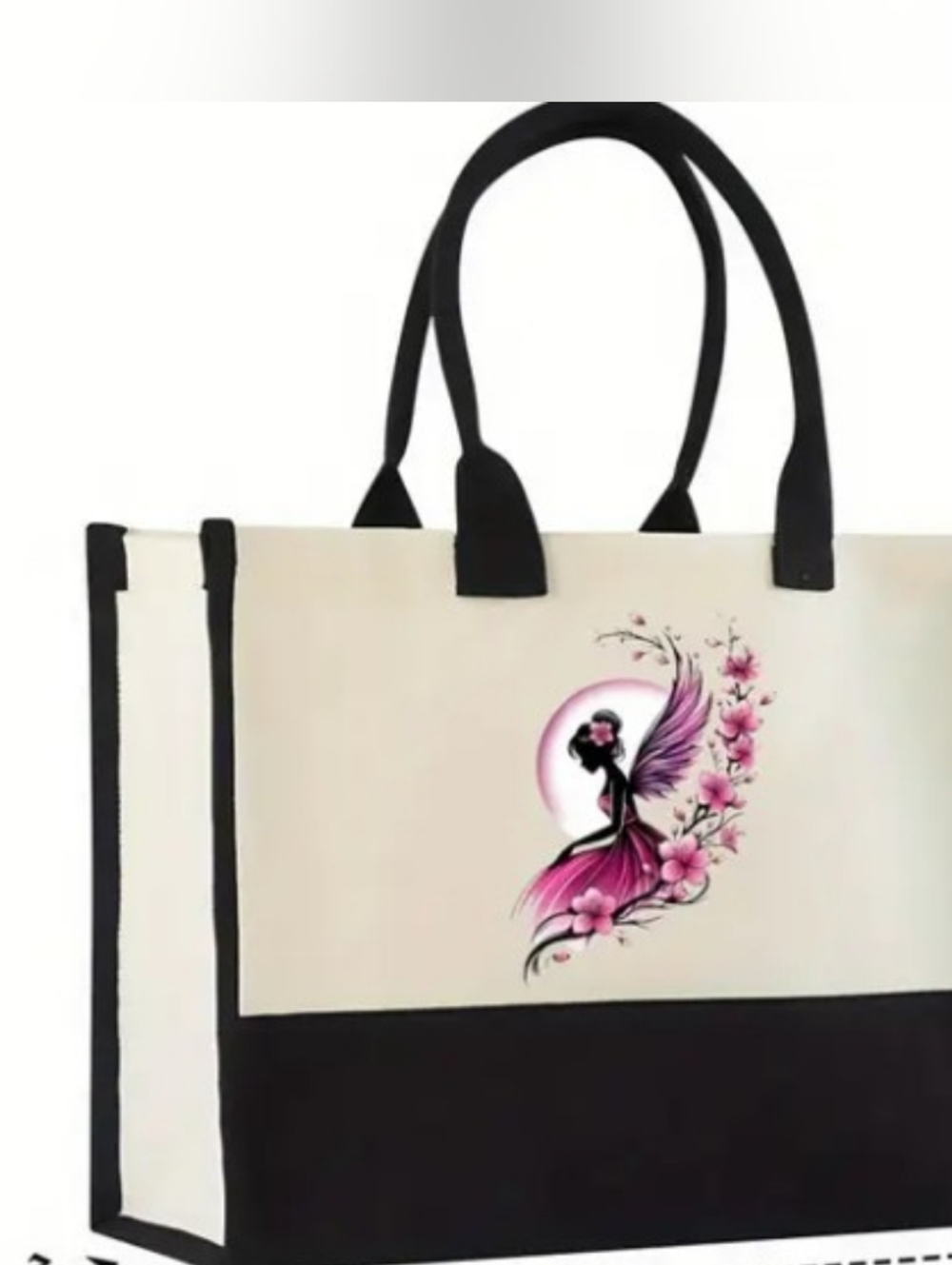 Canvas Tote Bag with Pink Fairy Floral Print - Picture 2 of 3